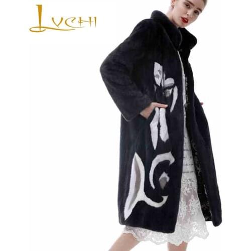 LVCHI Winter 2019 Purple Standard Imported Mink Fur Velvet Level Coat Full Pelt Slim Button Print Folwer Causal Mink Fur Coats