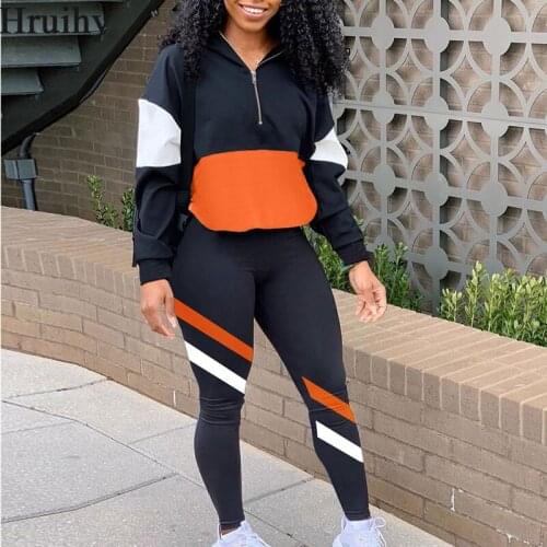 Winter 2 Pieces Set for Women Long Sleeve Sweatshirt&woman Pants Colorblock Clothing Sets Women Slim Fashion Sport Running Sets