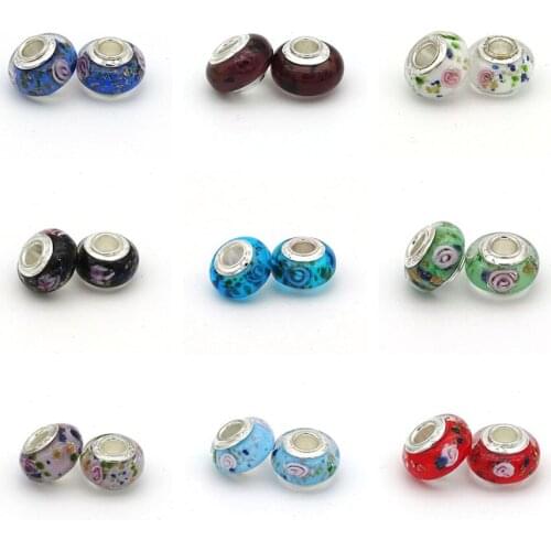 10pcs/lots Rose Flower Glass Beads Round DIY Big Hole Beads Spacer Murano Bead Charm Fit For Charms Bracelet