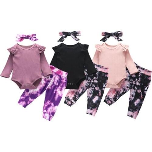 Autumn Baby Clothing Fashion Toddler Baby Girls Ribbed Knit Long Sleeve Tops Romper Tie Dyeing Pants 3pcs Winter Outfits 0-24m