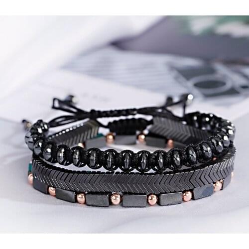 3Pcs/Sets Charm Classic Bead Bracelet Bangles Fashion Natural Hematite Stone Braided Bracelet Sets Pulseira Masculina