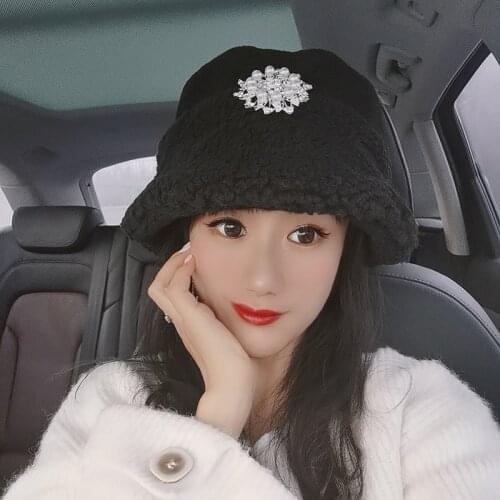 Black lambs wool bucket hat basin warm hat female fashionable