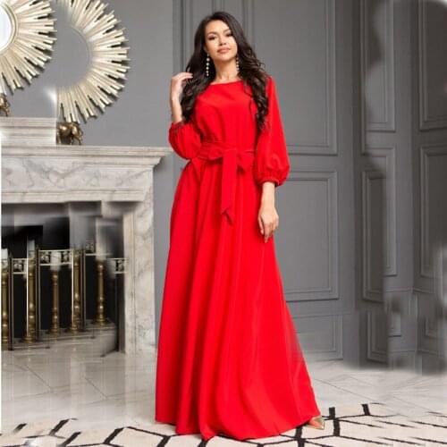 Casual Lantern Sleeve O-Neck Sashes High Waist Floor-Length Dress Women Solid Elegant Party A-Line Dress 2021 New