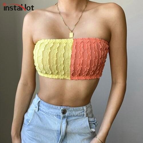 InstaHot Sexy Summer Crop Tube Top Patchwork 2021 Strapless Beach Ruched Tank Top Female Backless Corset Streetwear Casual Top