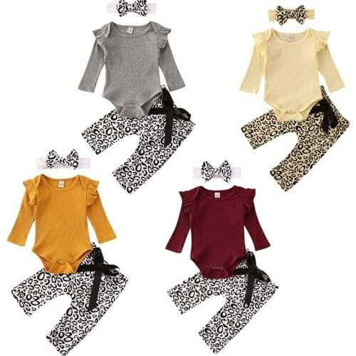 3PCS Newborn Baby Girl Ruffle Romper Jumpsuit Leopard Pants Outfits Clothes Autumn Casual Baby Girl Clothing Set