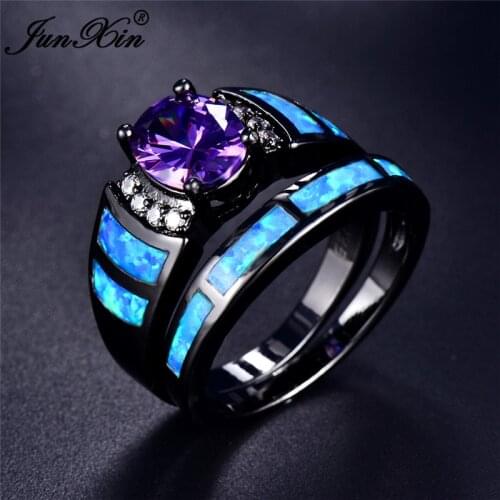 Boho Female Purple Stone Ring Set Vintage Black Gold Opal Wedding Rings For Women Promise Love Zircon Stone Engagement Ring