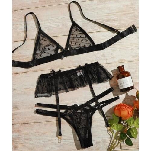 3pcs Sexy Lace Lingerie Set for Women See-Through Bra Thong Lingerie Sleepwear Pajamas Temptation Underwear Set Exotic Costume