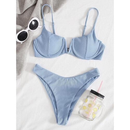 Push Up Bath Suits Rib Swimsuit Sexy Bikinis Swimwear Women Summer Bikini Set Solid Color Beachwear Micro Thong Beach Biquini