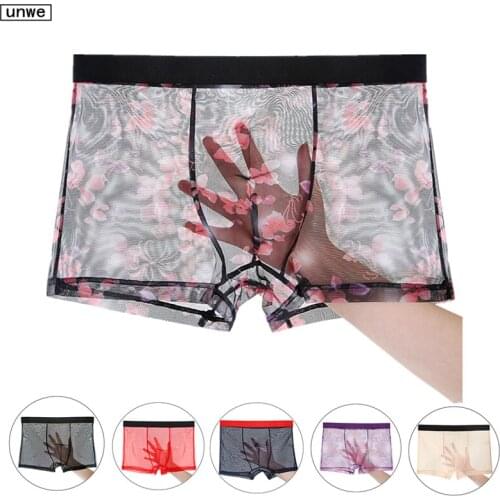 Ultra-thin Mesh See Through Boxer Man Underwear Transparent Male Trunks Solid/Printed Gay Homme Panties L-XXXL
