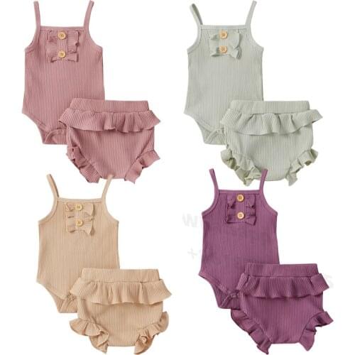 0-24M Newborn Baby Boys Girls Clothes Sets Toddler Baby Unisex Ribbed Knitted Sleeveless Romper Ruffles Shorts Infant Clothing