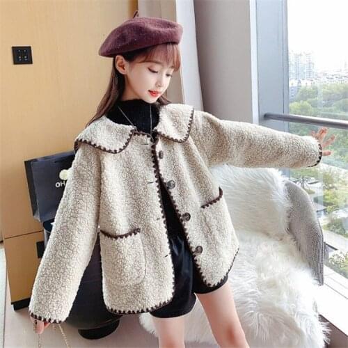 Girls Lamb Wool Coat Children Fur Outerwear Loose Version Baby Girl Fashion Casual Clothes Winter Kids Models Thick Lapel Pocket