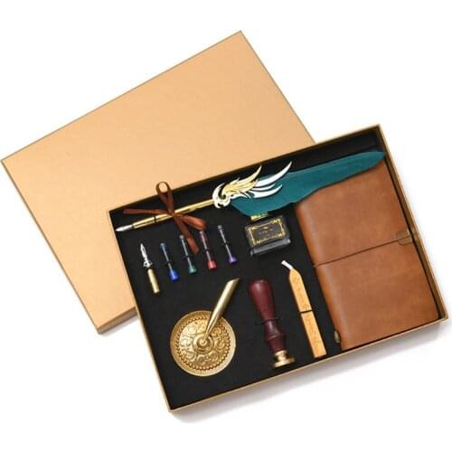 Retro Vintage Calligraphy Feather Fountain Pen Writing Ink Leather Notebook Set