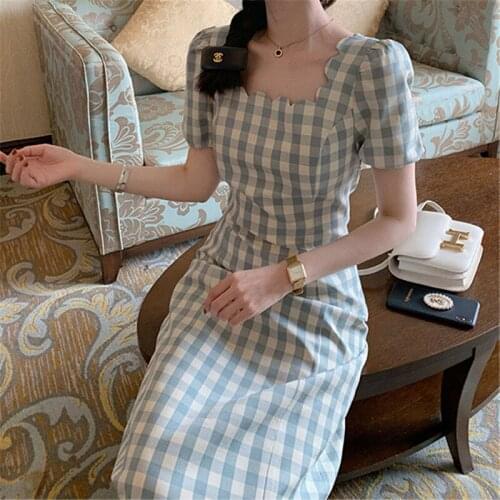 Limiguyue Women Summer Sundress Chic Square Collar Midi Long Dress French Style Vintage Plaid Short Sleeve Holiday Dresses K2191
