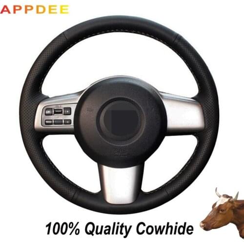 Hand-stitched Black Genuine Leather Steering Wheel Cover for Mazda 2 2008 2009 2010 2011 2012 2013 2014
