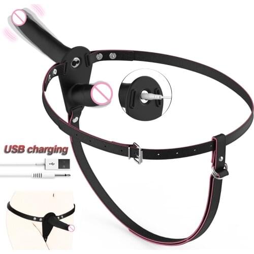 USB Charger Lesbian Strap On Dildo Panties Vibrator Realistic Penis PU leather Harness Belt Strapon Anal Plug Sex Toys for Women