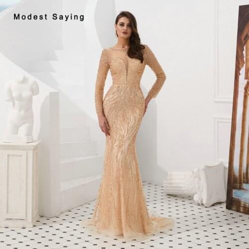 Luxury Champagne Mermaid Crystal Evening Dresses 2019 with Rhinestone Long Sleeves Party Prom Gowns vestidos de fiesta de noche