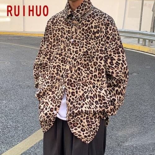 RUIHUO Leopard Print Casual Shirts For Men Clothing Button Up Shirt Men Korean Fashion Men Shirts Clothes M-2XL 2021 New Arrival