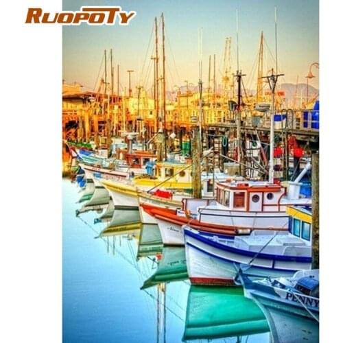 RUOPOTY Painting By Numbers Ship Port Scenery Digital Oil Paint Draw Canvas For Adults Living Room Bedroom Decoration Artcraft
