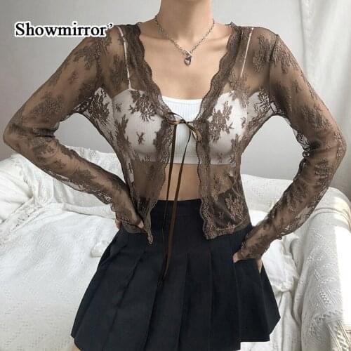 Showmirror G White Lace Sexy Mesh Cropped T Shirt Ladies Autumn Gothic T-shirt Women See Through Long Sleeve Tee Shirts