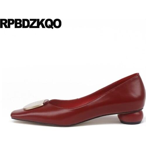 Pumps Women Size 4 34 European High Heels Genuine Leather Square Toe Thick Dress Shoes Low Evening Girls 2021 Wine Red Runway