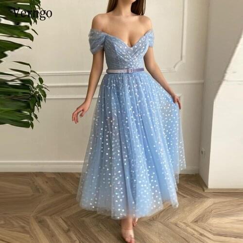 Verngo Elegant Light Blue Tulle A Line Short Prom Dressses Off the Shoulder Sleeves Velour Sash Tea Length Homecoming Party Gown