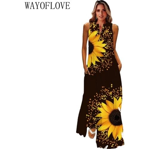WAYOFLOVE Fashion Sunflower Printed Dress 2021 Black Casual Vintage Plus Size Long Dresses Summer WomanHoliday Beach Dress Women