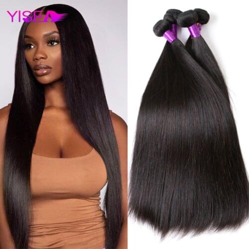 Yisea Straight Hair Bundles Brazilian Hair Weave Bundles 100% Natural Human Hair Bundles 1 3 4 Double Wefts Remy Hair Extensions