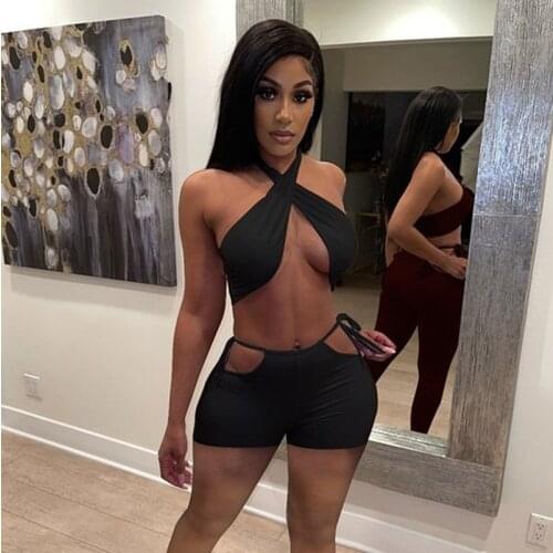 Hollow Out Sexy Club Outfits for Women Two Piece Set Backless Halter Crop Top + Shorts Summer Party Bandage Bodycon Womens Sets