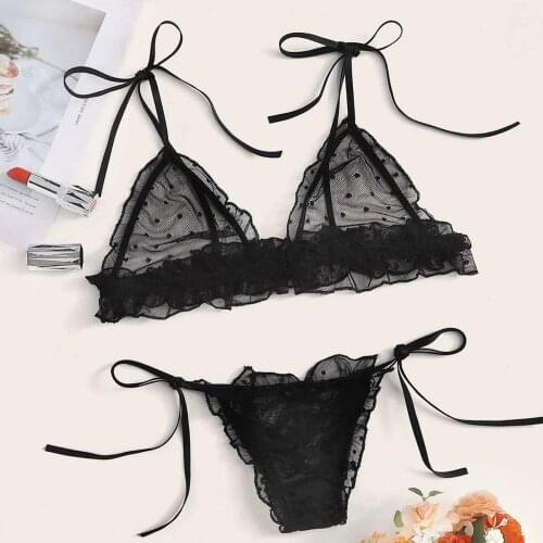 Women Sexy Bangdage Dot Mesh Underwear Set Lace Wireless Sexy Bra Lingerie Thong Set Ladies Nightwear комплект нижнего белья