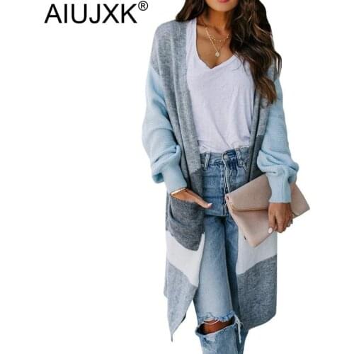 AIUJXK New Autumn Winter Cardigan Women 2020 Irregular Color Patchwork Long Sweaters Woman Knitwear Casual Warm Knit Cardigans