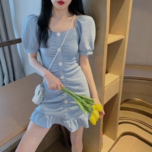 Square collar temperament waist waist fishtail dress female 2021summer new fairy super fairy forest niche first love dress