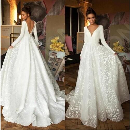 Elegant A Line Lace Wedding Dress 2021 vestido novia Long Sleeve Wedding Gowns Sexy Deep V Neck Backless Bride Dresses
