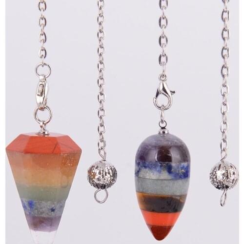 2019 Reiki Charm Pyramid 7 Chakra Natural Gem Stone Rainbow Layered Dowsing Healing Point Pendant Chain Pendulum Gifts D298-D30
