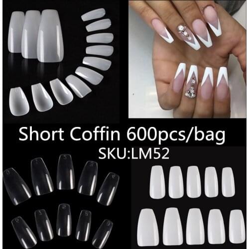 500/600pcs Bag Ballerina Nail Art Tips False Coffin Nails Art Tips Flat Shape Full Cover Manicure Fake Nail Tips