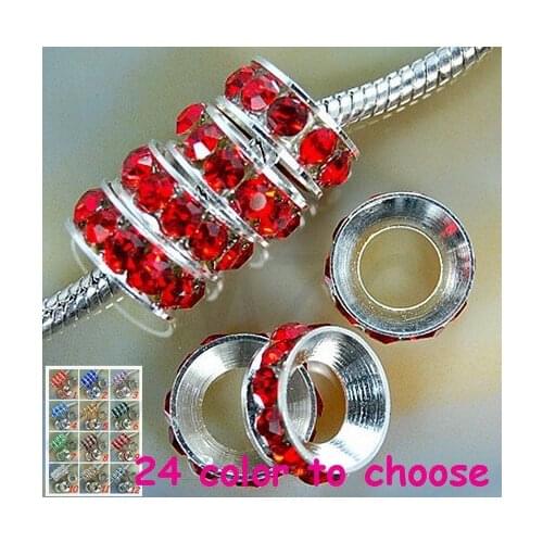 Hry34t 10mm Deep Red Rhinestone Crystal Rondelle Spacer Beads Lot,Rhodium Plated Big Hole European Beads