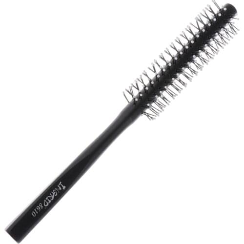 1 Piece Small Mini Round Hair Brush Nylon Bristles, Black Long Wood Handle Hair Blow Drying Styling Roll Hairbrush