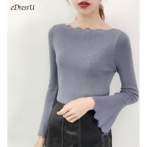 EDressU Woman Boat Neck Sweater Flare Sleeves Pullover Elegant Korean Jumper Blue Knitwear Casual Office Lady Wear HT-105