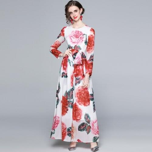 Autumn Elegant Women Rose Print Maxi Dress New Fashion Femme Vintage Designer Long Sleeve Bohemia Casual Chiffon Party Dress