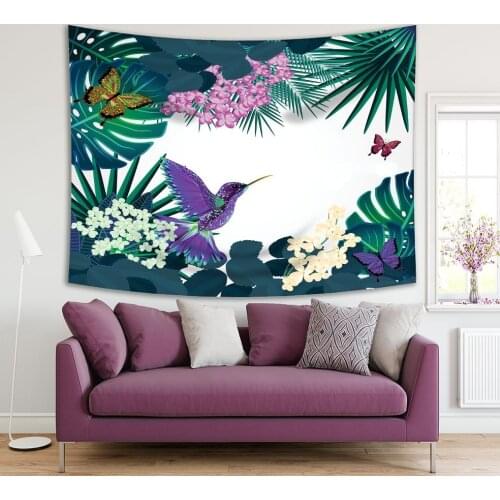 Tapestry Tropical Flowers Birds Butterflies Leaves Rain Forest Foliage Nature Artwork Green Blue Purple