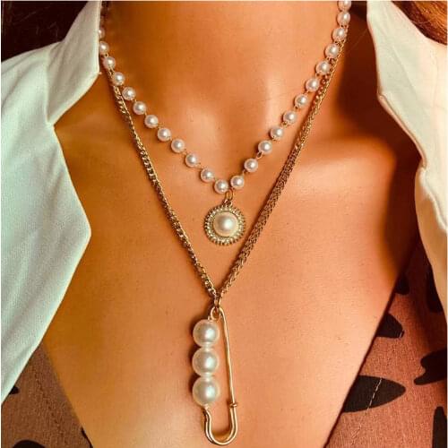 HaHaGirl Simple Gold Color Pearl Pendant Necklaces For Women Statement Metal Chain Necklace 2021 Hip Hop Fashion Party Jewelry
