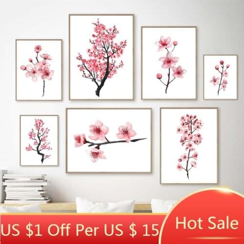 Canvas Painting Blooming Pink Flowers Sakura Branches Wall Art Nordic Posters and Prints Pictures for Living Room Decor