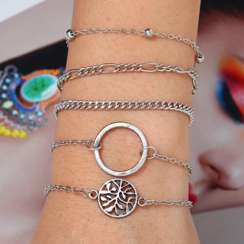 LXY-W New Boho Fashion 2021 Multilevel Silver color Geometric Round Metal Bead Chain Set Bracelet For Women Vintage Jewelry Gift