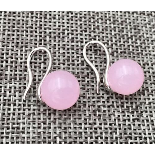 Fashion Natural 10mm Pink Jade Round Beads Silver Hook Earrings