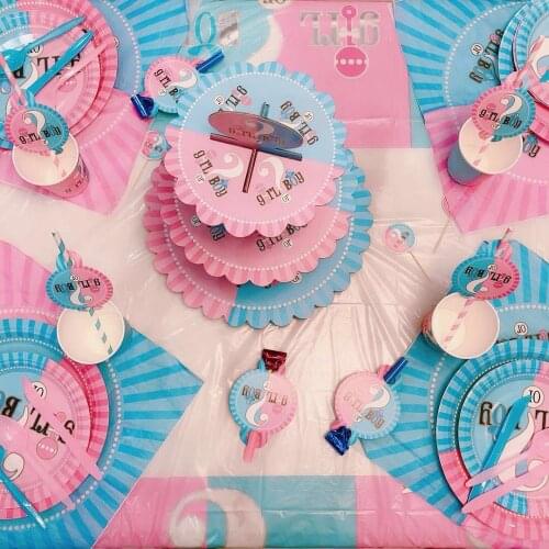 2019 new baby shower Boy or girl boy girl sex revealing birthday party theme set tablecloth paper cup tray Baby Shower party