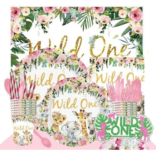 New Wild Animal Party WILD ONE Golden Letter Flowers Pattern Female Treasure First Year Old Newborn Decoration Tableware Suit