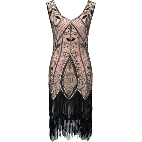 Roaring 1920s Flapper Dress Double V-Neck Sleeveless Flower Leaf Embroidery Beaded Sequin Dress Great Gatsby Dress Costumes