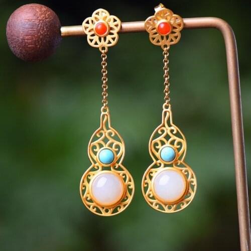 S925 Sterling Silver Inlaid Hetian Jade Ear Studs Embellished South Red Turquoise Fu Lu Female Gourd Style Treasure Earrings