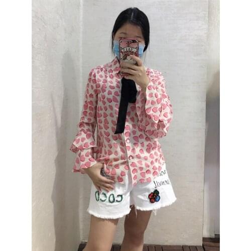 2020 new love silk print shirt ruffled sleeves temperament shirt