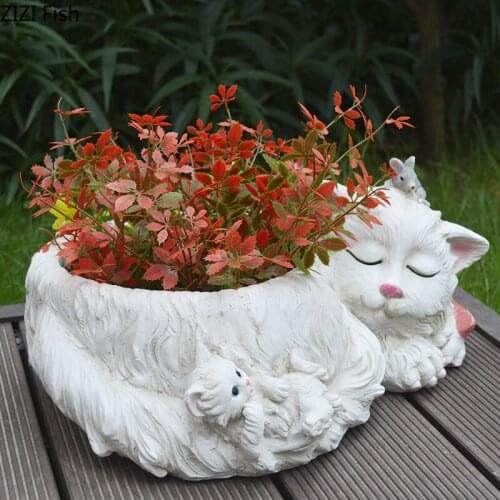 Outdoor Decor Tabletop Vase Cute Cat Resin Figurines Vases Flower Pot Ornaments Lovely Animal Crafts Statue Garden Decoration
