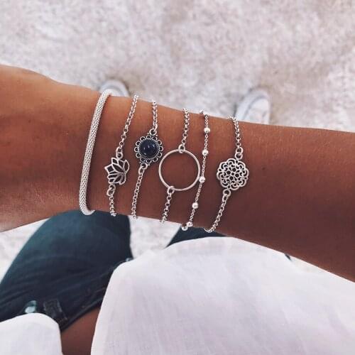 Pack Of 6 bangle bracelet with Lotus Leaf Cobblestone Flower Beads design in mixed link chains